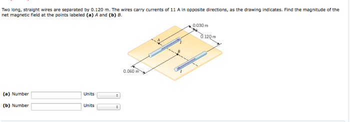 Two long straight wires are separated by 0.120 m