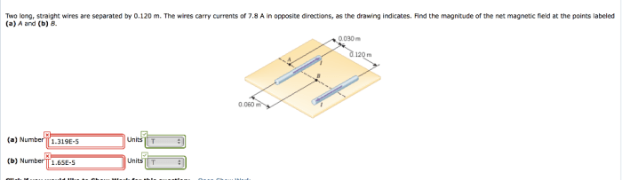 Two long straight wires are separated by 0.120 m